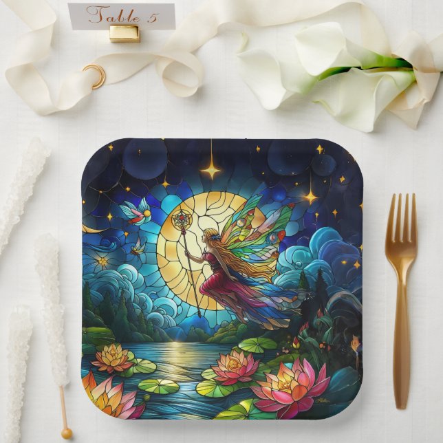 Stained Glass Moonlight Flight Fairy  Paper Plates (Wedding)