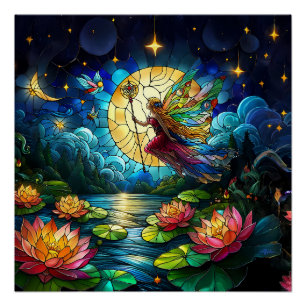 Stained Glass Moonlight Flight Fairy Poster