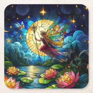 Stained Glass Moonlight Flight Fairy  Square Paper Coaster