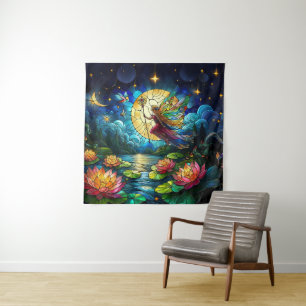 Stained Glass Moonlight Flight Fairy  Tapestry