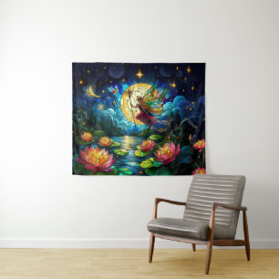 Stained Glass Moonlight Flight Fairy  Tapestry