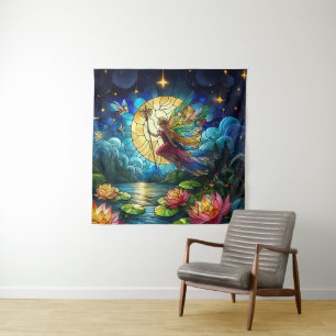 Stained Glass Moonlight Flight Fairy  Tapestry