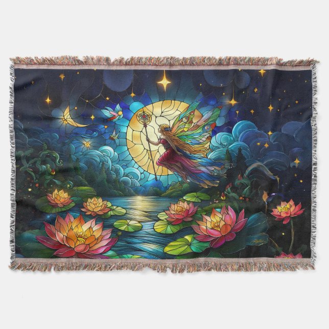 Stained Glass Moonlight Flight Fairy  Throw Blanket (Front)