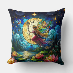 Stained Glass Moonlight Flight Fairy  Throw Pillow
