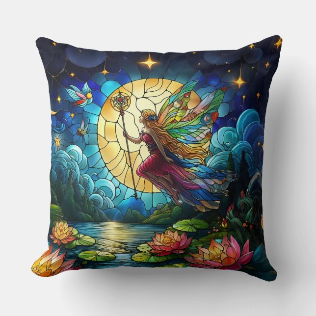 Stained Glass Moonlight Flight Fairy  Throw Pillow (Front)