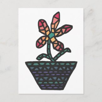 Stained glass mosaic flower in pot, painting postcard