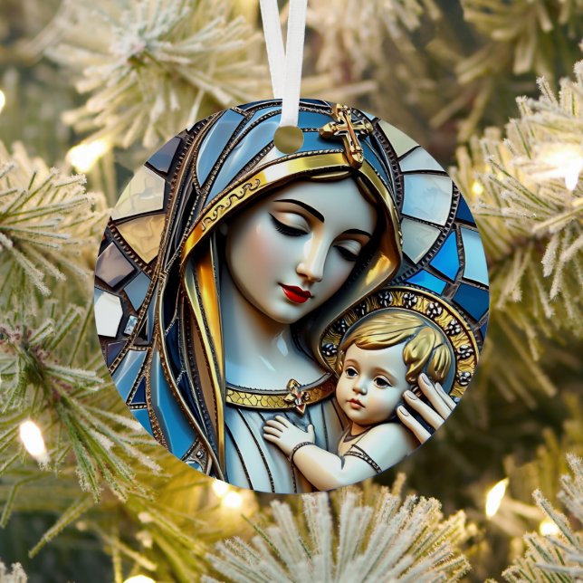 Stained Glass Mosaic | Mary and Jesus Christmas Metal Ornament (Insitu)