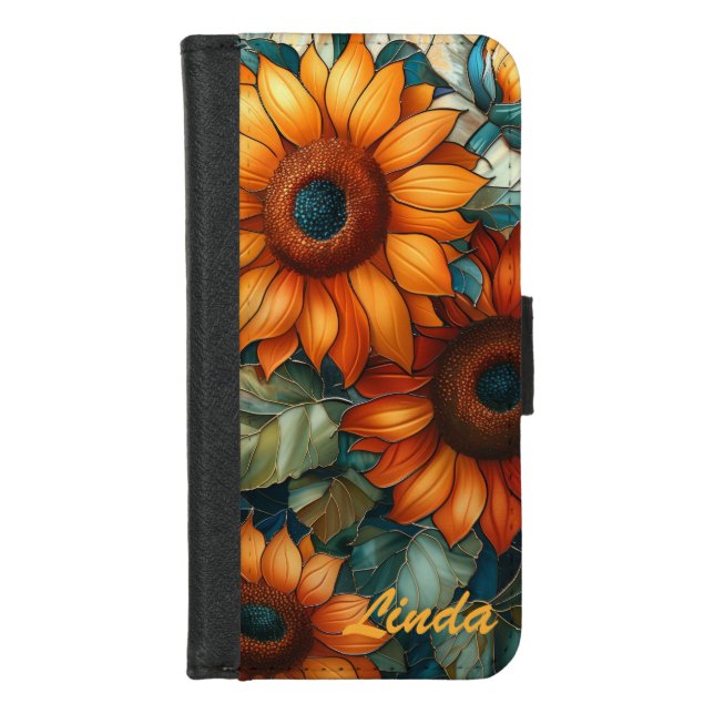 Stained Glass Mosaic Sunflowers Floral iPhone Wallet Case (Front)