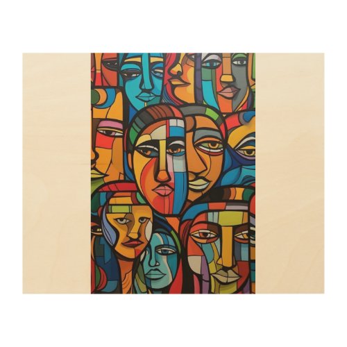 Stained Glass Mosaic Tapestry of Faces Wood Wall Art
