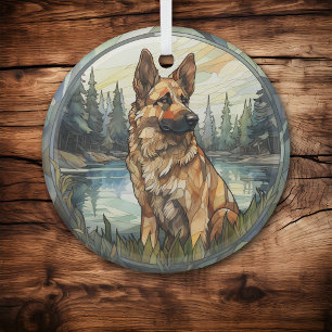 Stained Glass Mountain German Shepherd Dog Glass Ornament