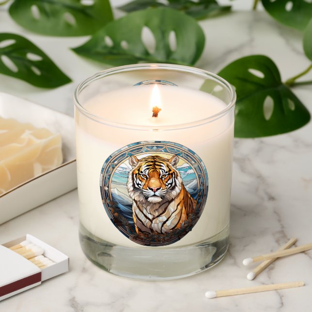 Stained Glass Mountain Tiger Elegant Wildlife Scented Candle (Lit)