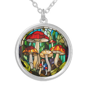 Stained Glass Mushroom Art Silver Plated Necklace