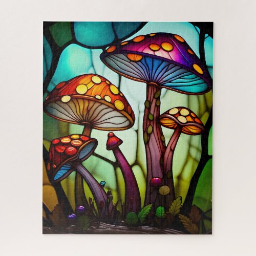 Stained Glass Mushrooms Fairy Fantasy Art  Jigsaw Puzzle