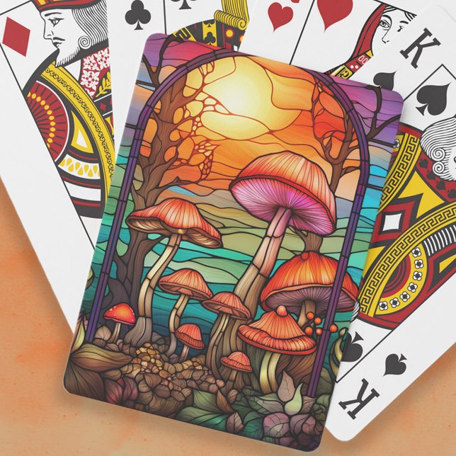Stained Glass Mushrooms Toadstools Sunrise Poker Cards (Stained glass mushrooms playing cards)