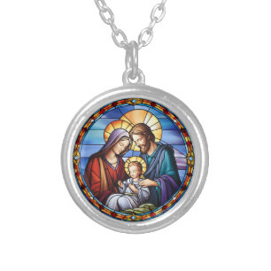  Stained Glass Nativity Christmas Silver Plated Necklace