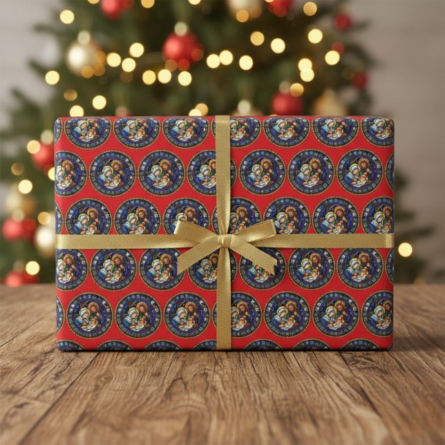 Stained Glass Nativity Christmas Wrapping Paper (The Christmas Story - Red Wrapping Paper)