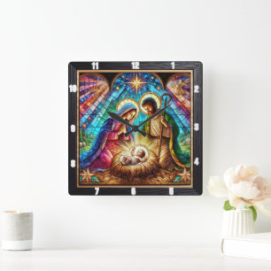 Stained Glass Nativity Holy  Square Wall Clock