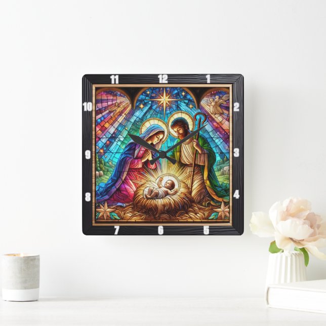 Stained Glass Nativity Holy  Square Wall Clock (Home)