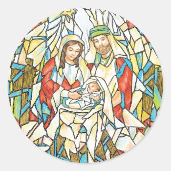 Stained Glass Nativity Painting Classic Round Sticker by gingerbreadwishes at Zazzle