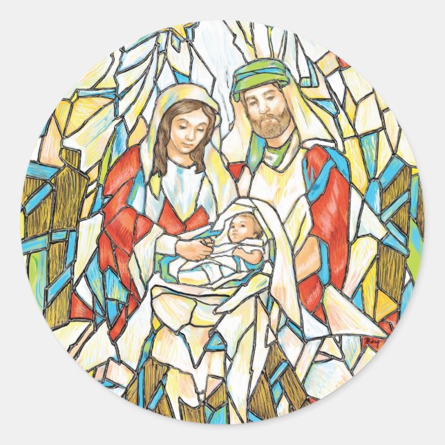Stained Glass Nativity Painting Classic Round Sticker (Front)