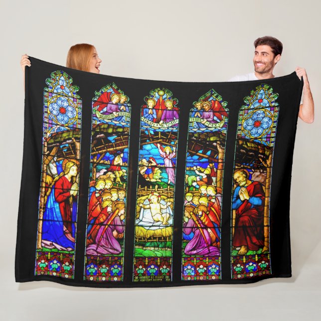 Stained Glass Nativity Scene Christmas Fleece Blanket (In Situ)