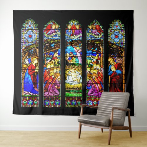 Stained Glass Nativity Scene Christmas Tapestry