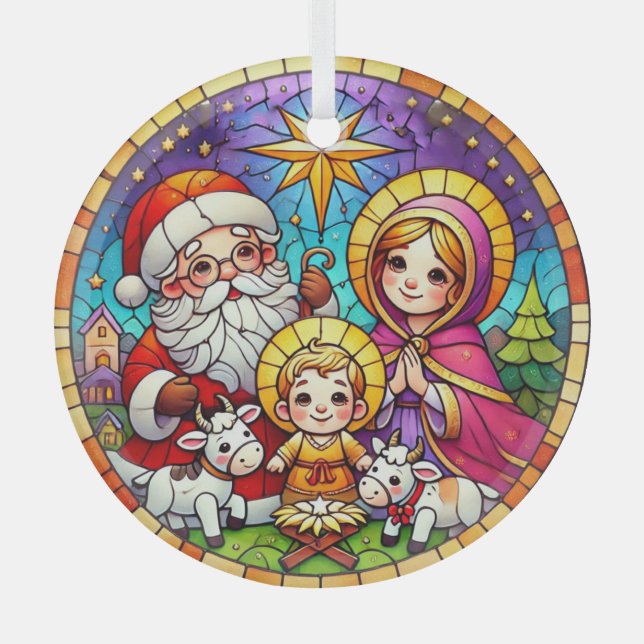 Stained Glass Nativity Scene with Santa Claus Ornament (Front)