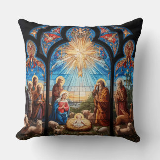 Stained Glass Nativity Throw Pillow