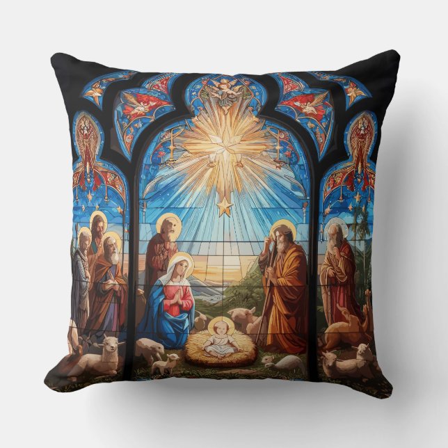 Stained Glass Nativity  Throw Pillow (Front)