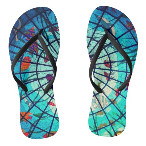 Stained glass ocean tropical fish blue black pink flip flops