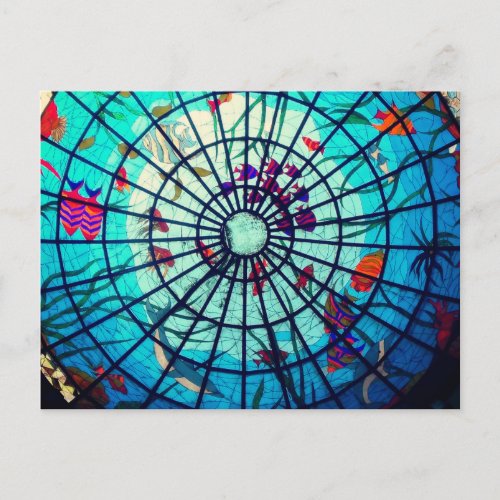 Stained glass ocean tropical fish blue postcard