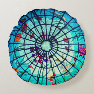 Stained glass ocean tropical fish teal blue round pillow