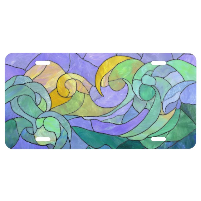 Stained Glass Ocean Waves Artistic Coastal pastel License Plate (Front)