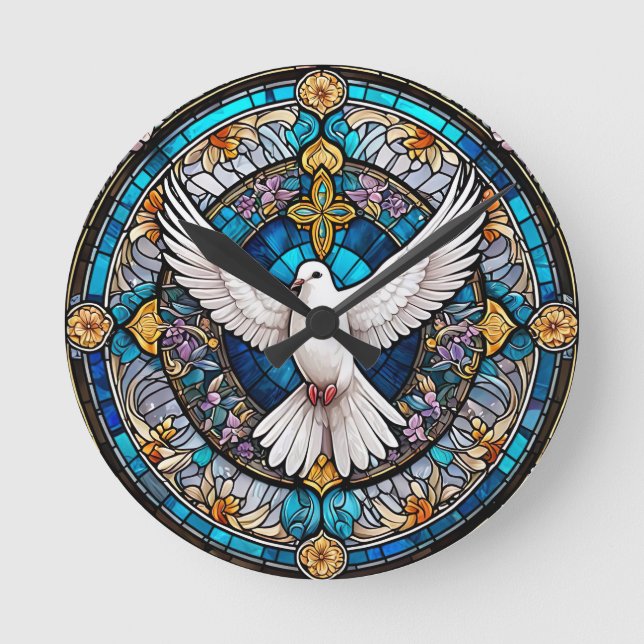 Stained Glass of Christian Cross Round Clock (Front)