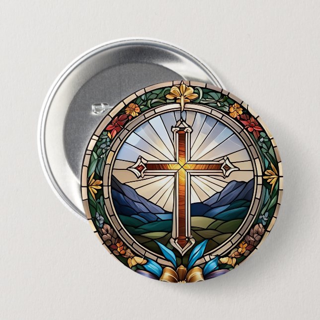 Stained Glass of Christian Holy Cross Button (Front & Back)