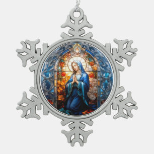 Stained Glass of Virgin Mary Christian Catholic Snowflake Pewter Christmas Ornament