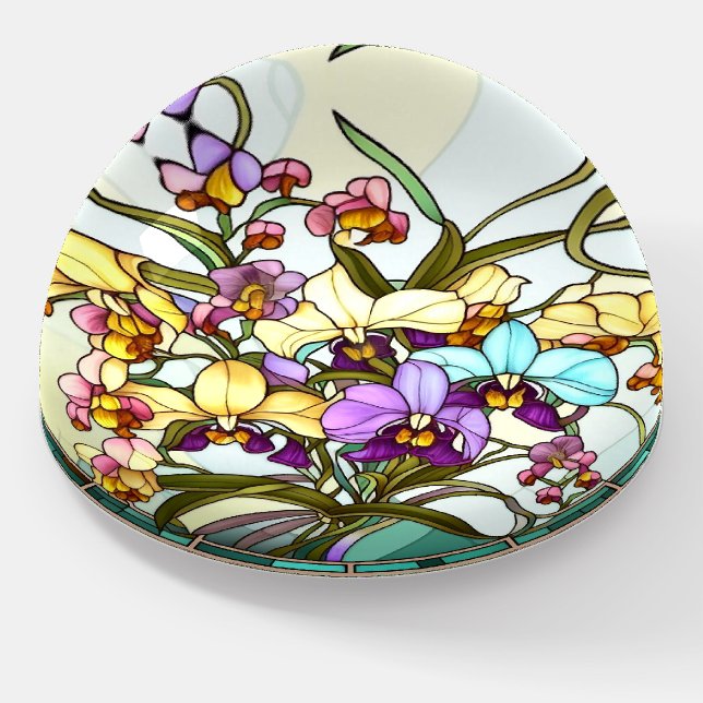 Stained Glass Orchid Plant Paperweight (Angled)