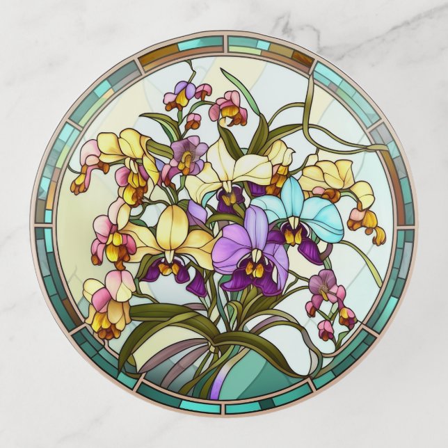 Stained Glass Orchid Plant Trinket Tray (Front)