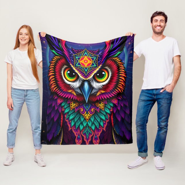 Stained Glass Owl Art: Geometric Jewel Tones Fleece Blanket (In Situ)