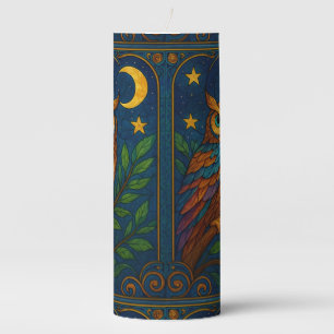 Stained Glass Owl Under the Moon and Stars Pillar Candle