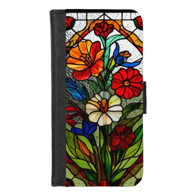 Stained Glass Panel Featuring Vibrant Flowers iPhone Wallet Case (Front)
