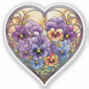 Stained Glass Pansies Heart Sticker