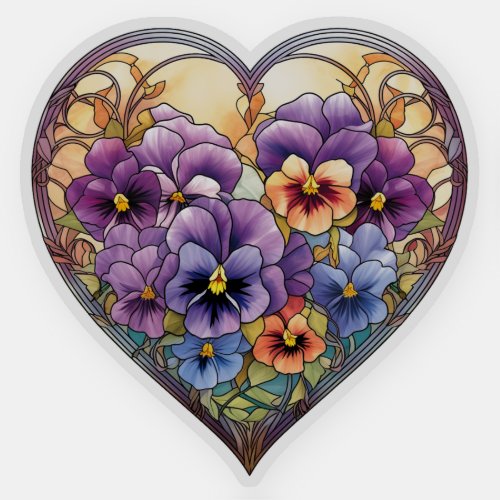 Stained Glass Pansies Heart Sticker