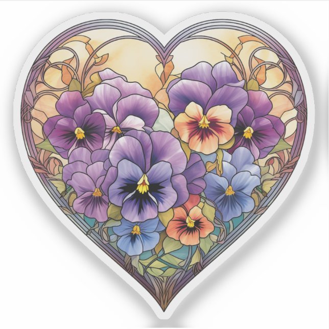 Stained Glass Pansies Heart Sticker (Front)