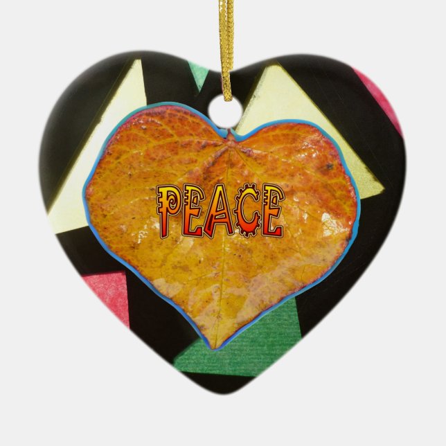 Stained Glass Pattern PEACE Leaf Heart Ornament (Front)