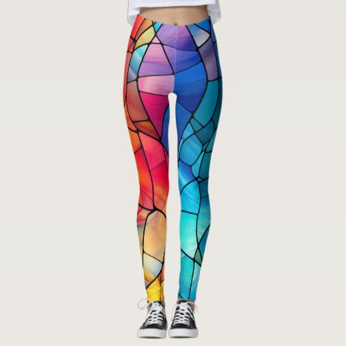 Stained Glass Pattern Vivid Colors Flashy Leggings