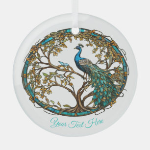 Stained Glass Peacock Autumn Tree Glass Ornament
