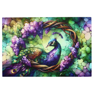 Stained Glass Peacock Floral Wreath Art