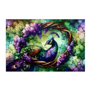 Stained Glass Peacock Floral Wreath Art