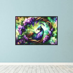 Stained Glass Peacock Floral Wreath Art Canvas Print
